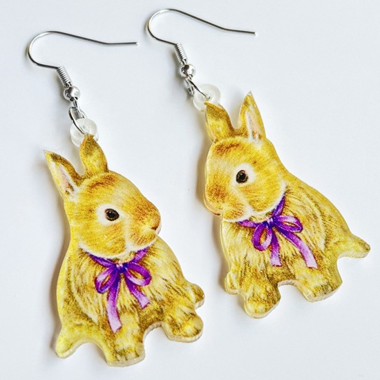 Picture of Acrylic Easter Day Ear Wire Hook Earrings Silver Tone Multicolor Rabbit Animal Easter Egg