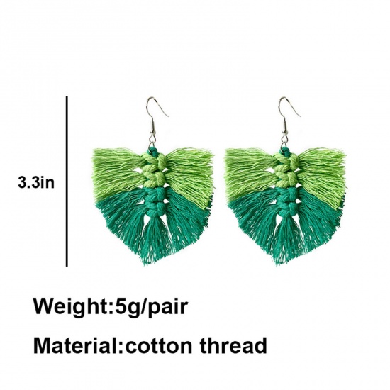 Picture of Cotton St Patrick's Day Ear Wire Hook Earrings Silver Tone Multicolor Heart Tassel