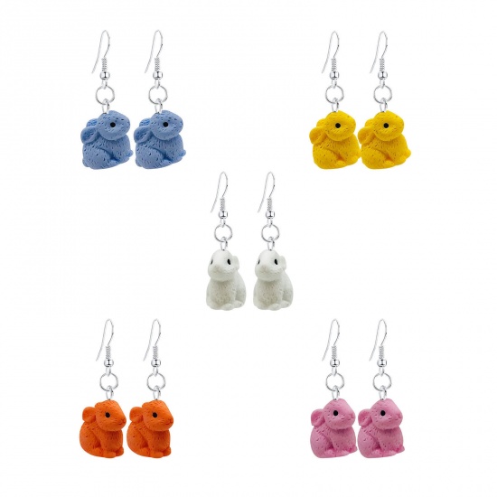 Picture of Resin Easter Day Ear Wire Hook Earrings Silver Tone Multicolor Rabbit Animal
