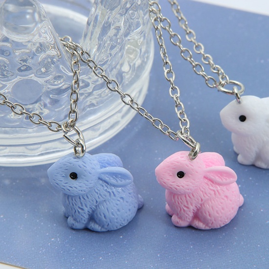 Picture of Resin Easter Day Pendant Necklace Silver Tone Multicolor Rabbit Animal Painted