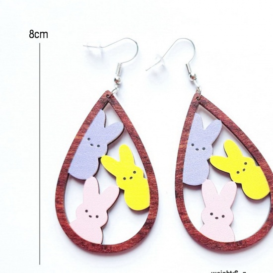 Picture of Wood Easter Day Ear Wire Hook Earrings Silver Tone Multicolor Oval Rabbit Hollow