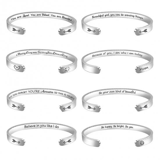 Picture of 304 Stainless Steel Positive Quotes Energy Open Cuff Bangles Bracelets Silver Tone Word Message 6.5cm x 5.5cm