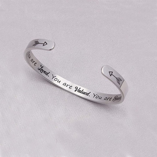 Picture of 304 Stainless Steel Positive Quotes Energy Open Cuff Bangles Bracelets Silver Tone Word Message 6.5cm x 5.5cm