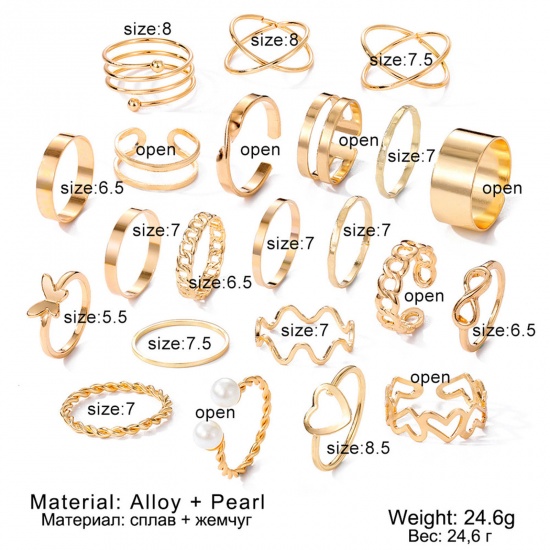 Imagen de Retro Abierto Ajustable Multicolor Knuckle Anillos Corazón Imitación de perla 18mm (US Size 7.75) - 16mm (US size 5.25), 1 Juego