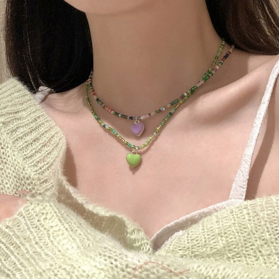 Picture of Acrylic Boho Chic Bohemia Beaded Necklace Multicolor Heart Enamel 40cm(15 6/8") long, 1 Piece