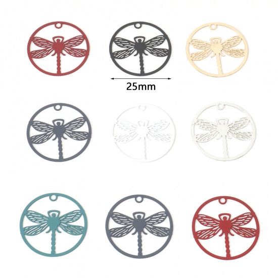 Picture of Iron Based Alloy Filigree Stamping Charms Multicolor Round Dragonfly 25mm Dia.