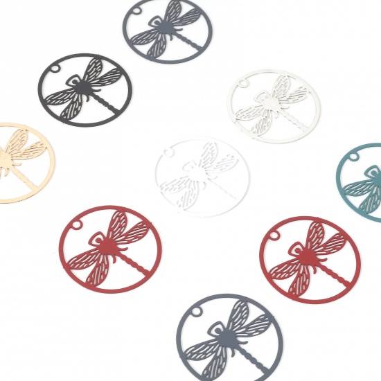 Picture of Iron Based Alloy Filigree Stamping Charms Multicolor Round Dragonfly 25mm Dia.