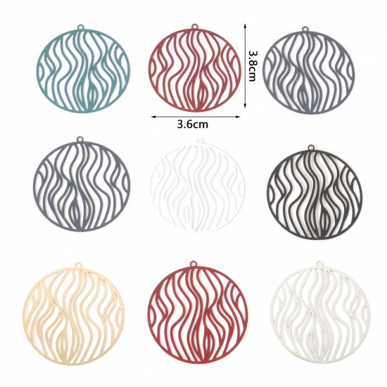 Picture of Iron Based Alloy Filigree Stamping Pendants Multicolor Round Stripe 3.8cm x 3.6cm