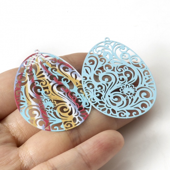 Picture of Iron Based Alloy Enamel Painting Pendants Multicolor Easter Egg Filigree Stamping 4.5cm x 3.3cm