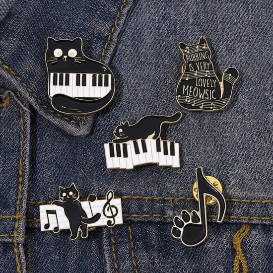 Picture of Cute Pin Brooches Cat Animal Musical Note Multicolor Enamel