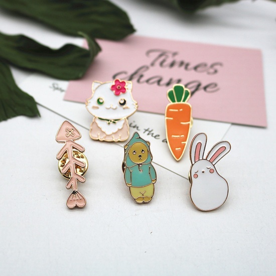 Picture of Cute Pin Brooches Cat Animal Rabbit Gold Plated Multicolor Enamel