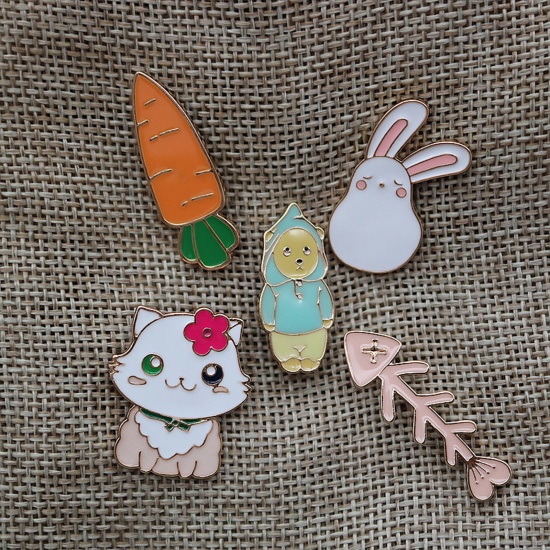 Picture of Cute Pin Brooches Cat Animal Rabbit Gold Plated Multicolor Enamel