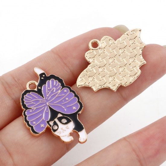 Picture of Zinc Based Alloy Charms Gold Plated Purple Cat Animal Butterfly Enamel