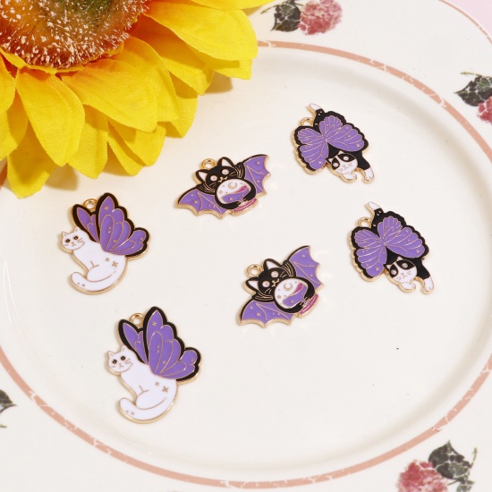 Picture of Zinc Based Alloy Charms Gold Plated Purple Cat Animal Butterfly Enamel