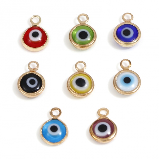 Picture of Lampwork Glass & Copper Religious Charms Multicolor Round Evil Eye 10mm x 7mm