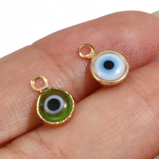 Picture of Lampwork Glass & Copper Religious Charms Multicolor Round Evil Eye 10mm x 7mm