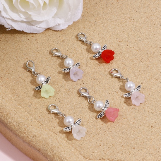 Picture of Zinc Based Alloy & Acrylic Clip On Charms For Vintage Charm Bracelets Antique Silver Color Multicolor Angel Flower Imitation Pearl 3.5cm x 1.4cm, 10 PCs