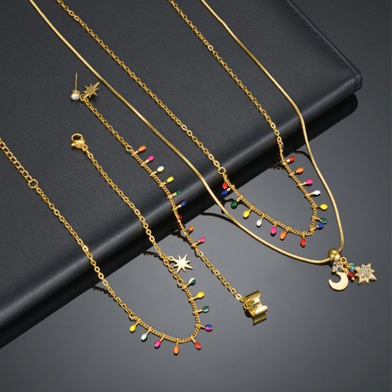Picture of 304 Stainless Steel Stylish Link Chain Jewelry Necklace Earrings Set Gold Plated Multicolor