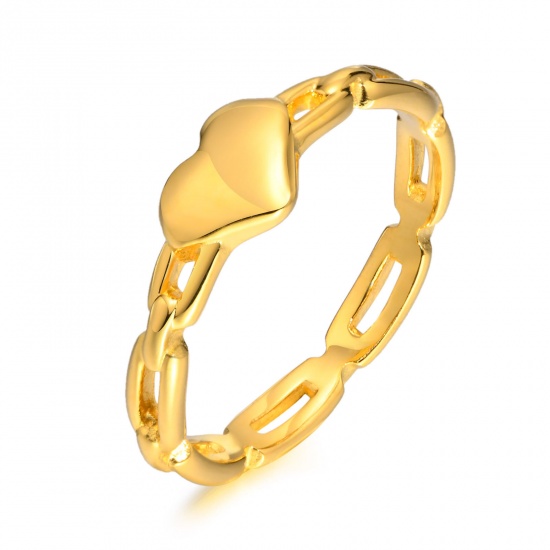 Picture of Eco-friendly Sweet & Cute Stylish 18K Real Gold Plated 304 Stainless Steel Unadjustable Link Chain Heart Rings For Women