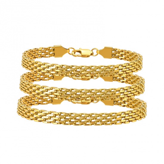 Bild von Umweltfreundlich Einfach und lässig Stilvoll 18K Echtgold plattiert 304 Edelstahl Panzerkette Kette Webart Texturiert Armband Unisex Party 1 Strang