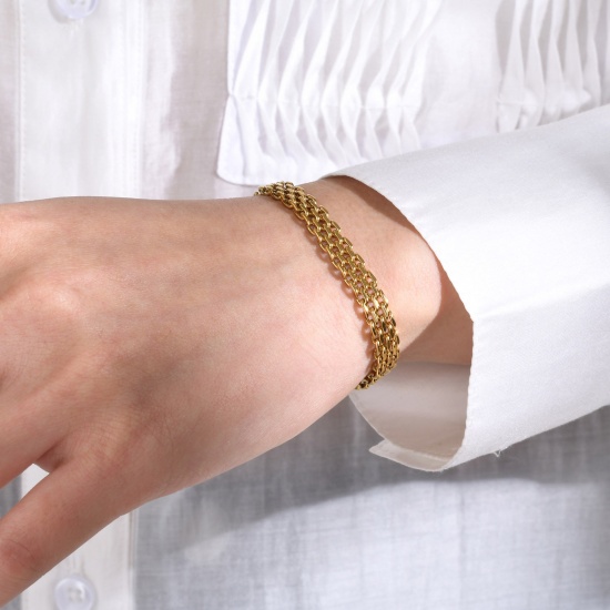 Bild von Umweltfreundlich Einfach und lässig Stilvoll 18K Echtgold plattiert 304 Edelstahl Panzerkette Kette Webart Texturiert Armband Unisex Party 1 Strang