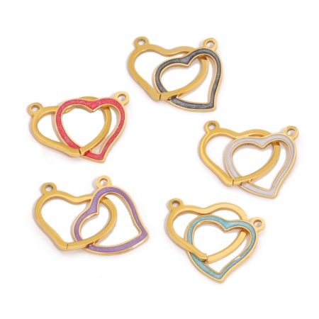 304 Stainless Steel Connectors Gold Plated Multicolor Heart Enamel 26mm x 14mm