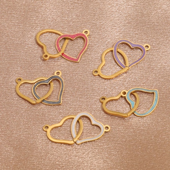 Picture of 304 Stainless Steel Connectors Gold Plated Multicolor Heart Enamel 26mm x 14mm
