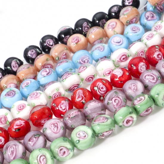 Picture of Lampwork Glass Beads Round Multicolor Flower Leaves About 10mm Dia