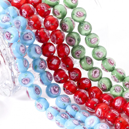 Picture of Lampwork Glass Beads Round Multicolor Flower Leaves About 10mm Dia