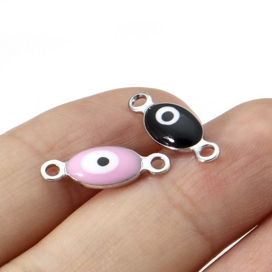Picture of 304 Stainless Steel Religious Connectors Silver Tone Multicolor Marquise Evil Eye Double-sided Enamel 15.5mm x 6mm