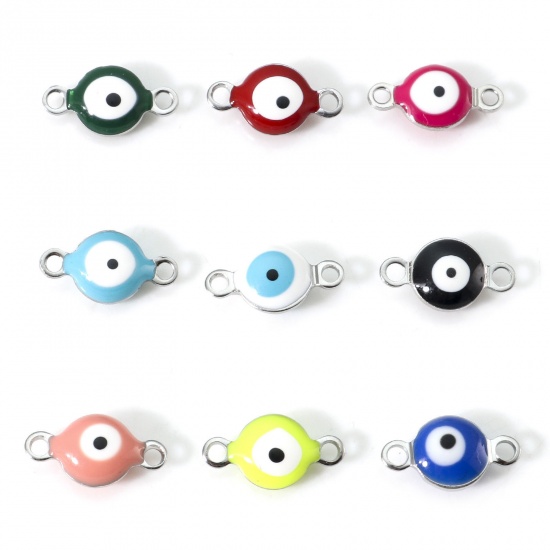 Picture of 304 Stainless Steel Religious Connectors Silver Tone Multicolor Round Evil Eye Double-sided Enamel 11mm x 6mm
