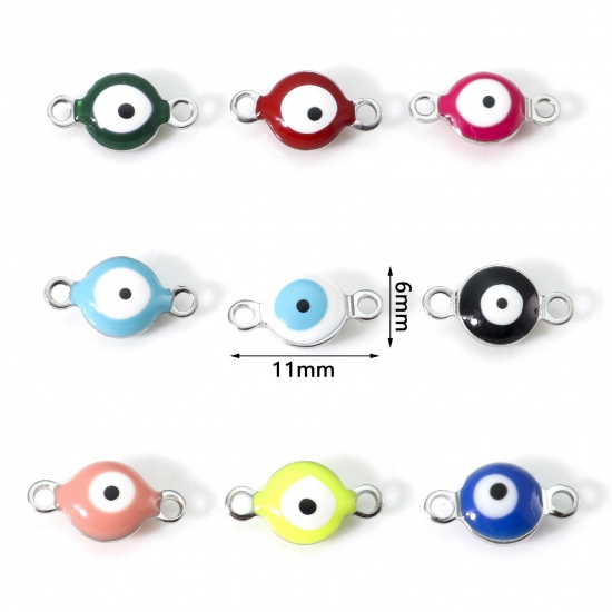Picture of 304 Stainless Steel Religious Connectors Silver Tone Multicolor Round Evil Eye Double-sided Enamel 11mm x 6mm