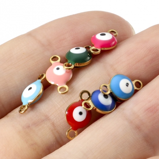 Picture of 304 Stainless Steel Religious Connectors Gold Plated Multicolor Round Evil Eye Double-sided Enamel 11mm x 6mm