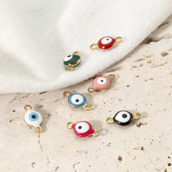 Picture of 304 Stainless Steel Religious Connectors Gold Plated Multicolor Round Evil Eye Double-sided Enamel 11mm x 6mm