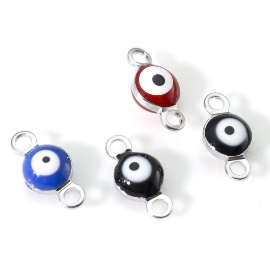 Picture of 304 Stainless Steel Religious Connectors Silver Tone Multicolor Round Evil Eye Double-sided Enamel 9cm x 4.5cm