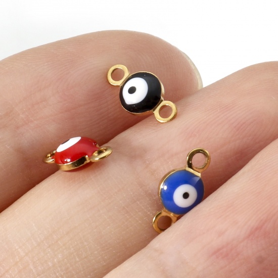 Picture of 304 Stainless Steel Religious Connectors Gold Plated Multicolor Round Evil Eye Double-sided Enamel 9cm x 4.5cm