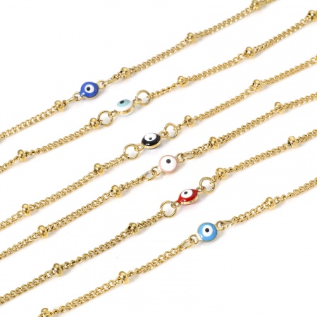 1 Pz Placcatura Sottovuoto 304 Acciaio Inossidabile Religione Catena Singolare Cavigliere Oro Placcato Multicolore Smalto a Doppia Faccia Tondo Malocchio 21.5cm lunghezza