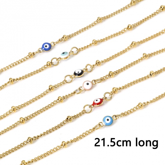 Picture of 304 Stainless Steel Religious Curb Link Chain Anklet Gold Plated Multicolor Double-sided Enamel Round Evil Eye 21.5cm(8 4/8") long