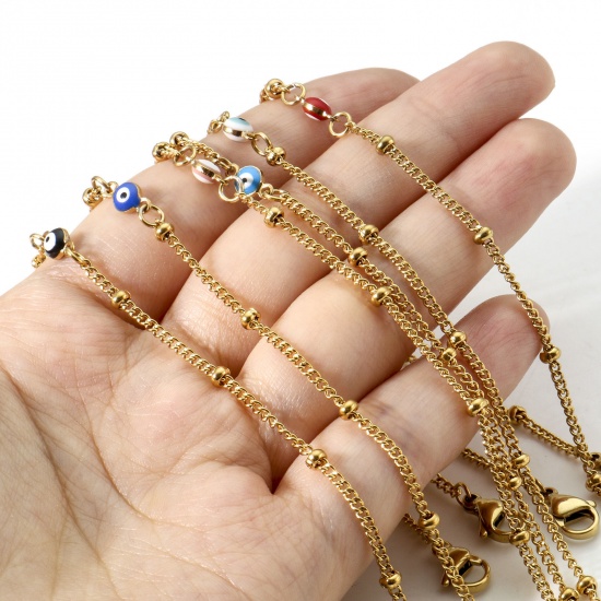 Picture of 304 Stainless Steel Religious Curb Link Chain Anklet Gold Plated Multicolor Double-sided Enamel Round Evil Eye 21.5cm(8 4/8") long