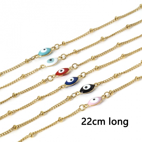 Picture of 304 Stainless Steel Religious Curb Link Chain Anklet Gold Plated Multicolor Double-sided Enamel Marquise Evil Eye 22cm(8 5/8") long
