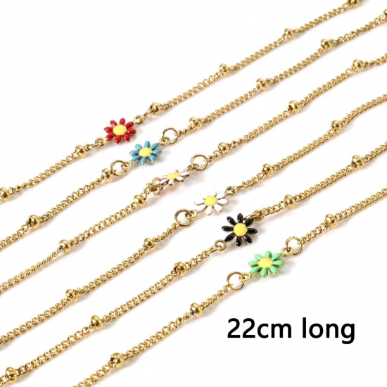 Picture of 304 Stainless Steel Curb Link Chain Anklet Gold Plated Multicolor Double-sided Enamel Daisy Flower 22cm(8 5/8") long