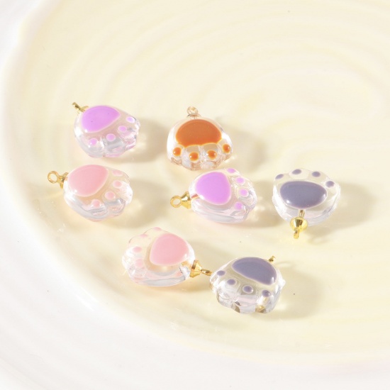 Picture of Zinc Based Alloy & Glass Pet Memorial Charms Paw Claw Gold Plated Multicolor 18mm x 14mm
