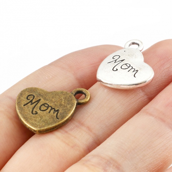 Picture of Zinc Based Alloy Mother's Day Charms Multicolor Heart Message " Mom " 18mm x 15mm