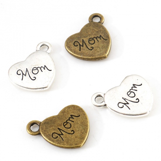 Picture of Zinc Based Alloy Mother's Day Charms Multicolor Heart Message " Mom " 18mm x 15mm