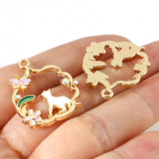 Picture of Zinc Based Alloy Charms Gold Plated Multicolor Cat Animal Wreath Enamel AB Color Rhinestone 28mm x 22mm