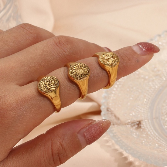 Bild von Umweltfreundlich Einfach und lässig Retro 18K Echtgold plattiert 304 Edelstahl Uneinstellbar Oval Rose Ring Unisex 1 Stück