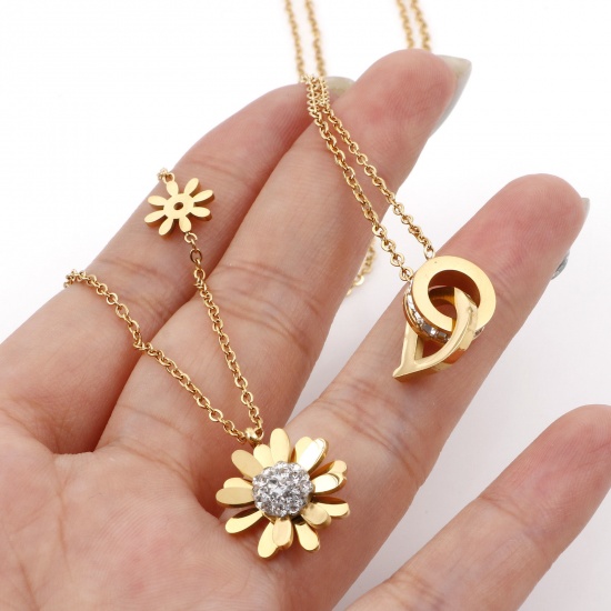 Picture of 304 Stainless Steel Stylish Snake Chain Necklace 18K Gold Plated Daisy Flower