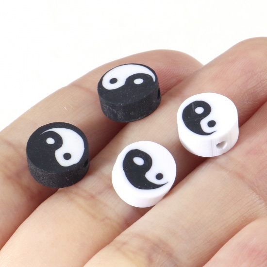 Picture of Polymer Clay Religious Beads Round Multicolor Yin Yang Symbol Pattern About 9.5mm Dia