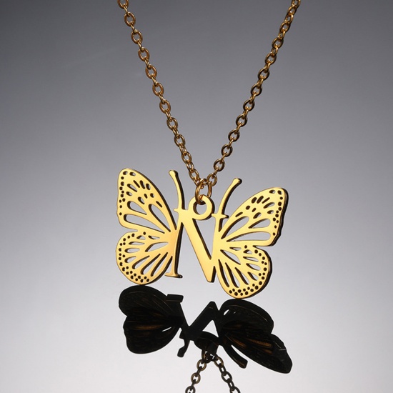 Bild von 304 Edelstahl Stilvoll Gliederkette Kette Halskette 18K Gold plattiert Schmetterling Anfangsbuchstabe/ Großbuchstabe Message " A-Z " Hohl 1 Strang