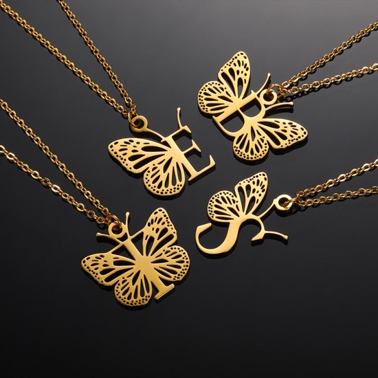 Picture of 304 Stainless Steel Stylish Link Cable Chain Necklace 18K Gold Plated Butterfly Animal Initial Alphabet/ Capital Letter Message " A-Z " Hollow